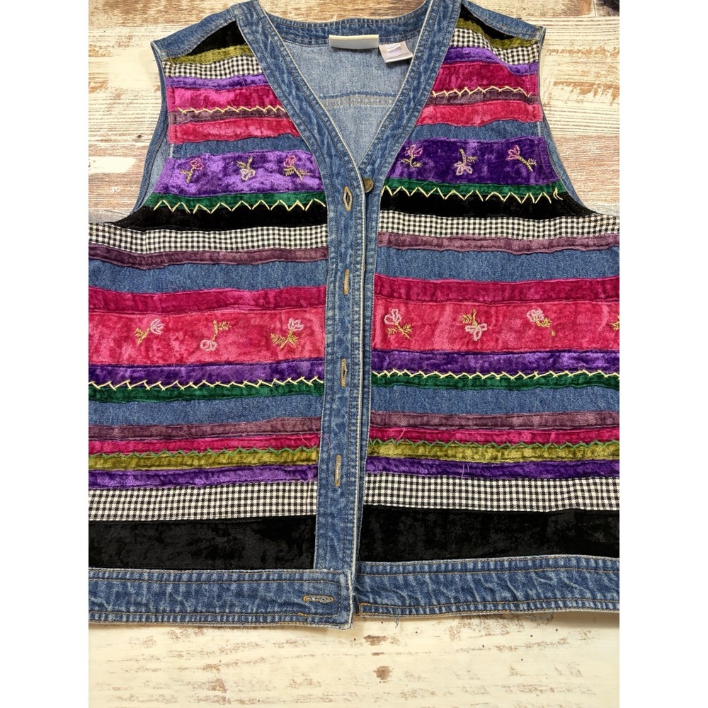 Susan Bristol Denim Vest Large Vtg 90's  Button Down Colorful Artsy Floral Y2K